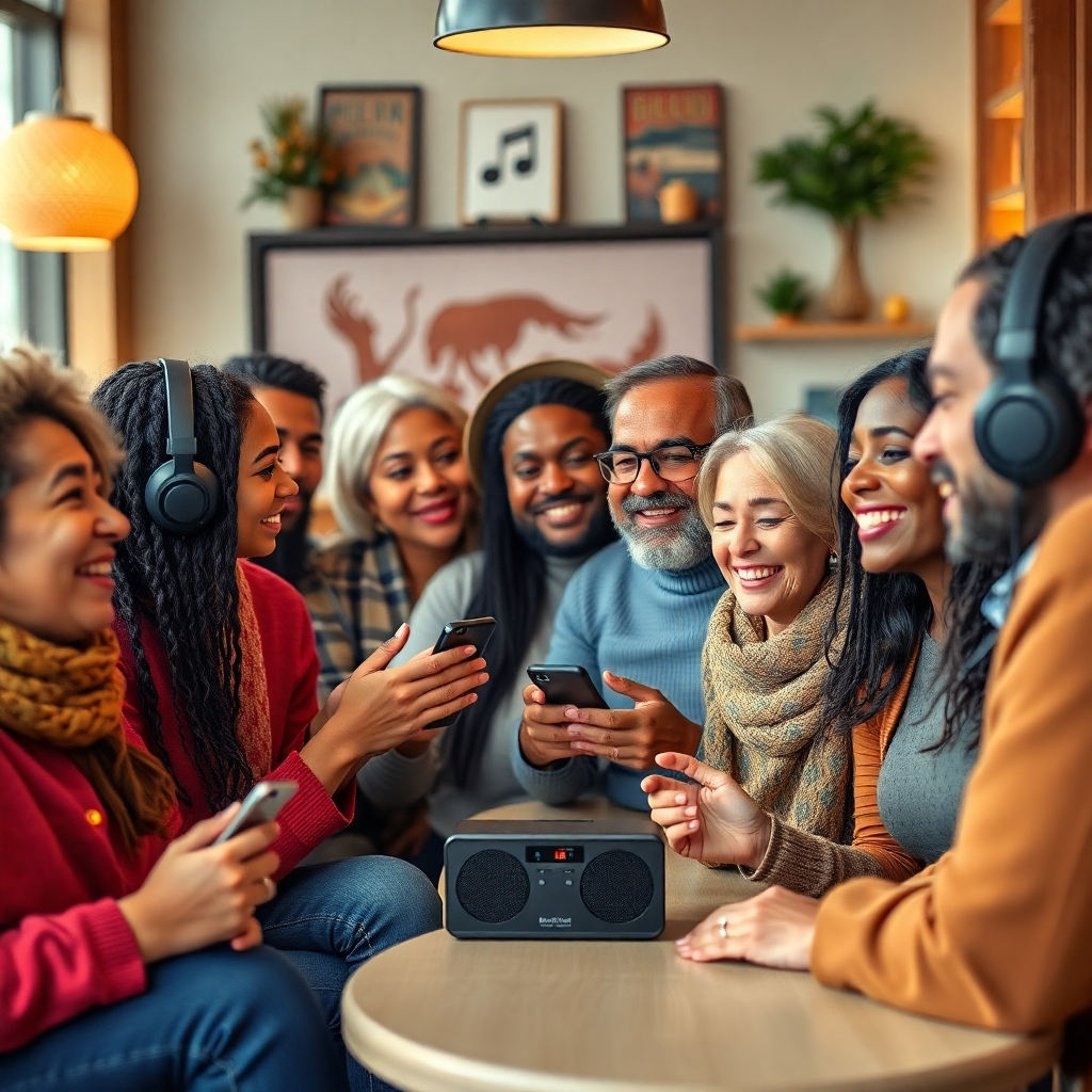 A photorealistic image of a diverse group of people of different nationalities and ages interacting positively and listening to the radio together in a warm and inviting atmosphere. The image should use a 4K resolution.